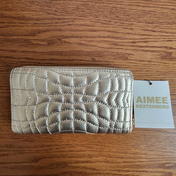 AIMEE KESTENBERG GOLD TONE LEATHER ZIP AROUND WALLET SMALL PHONE CASE - Picture 4 of 7
